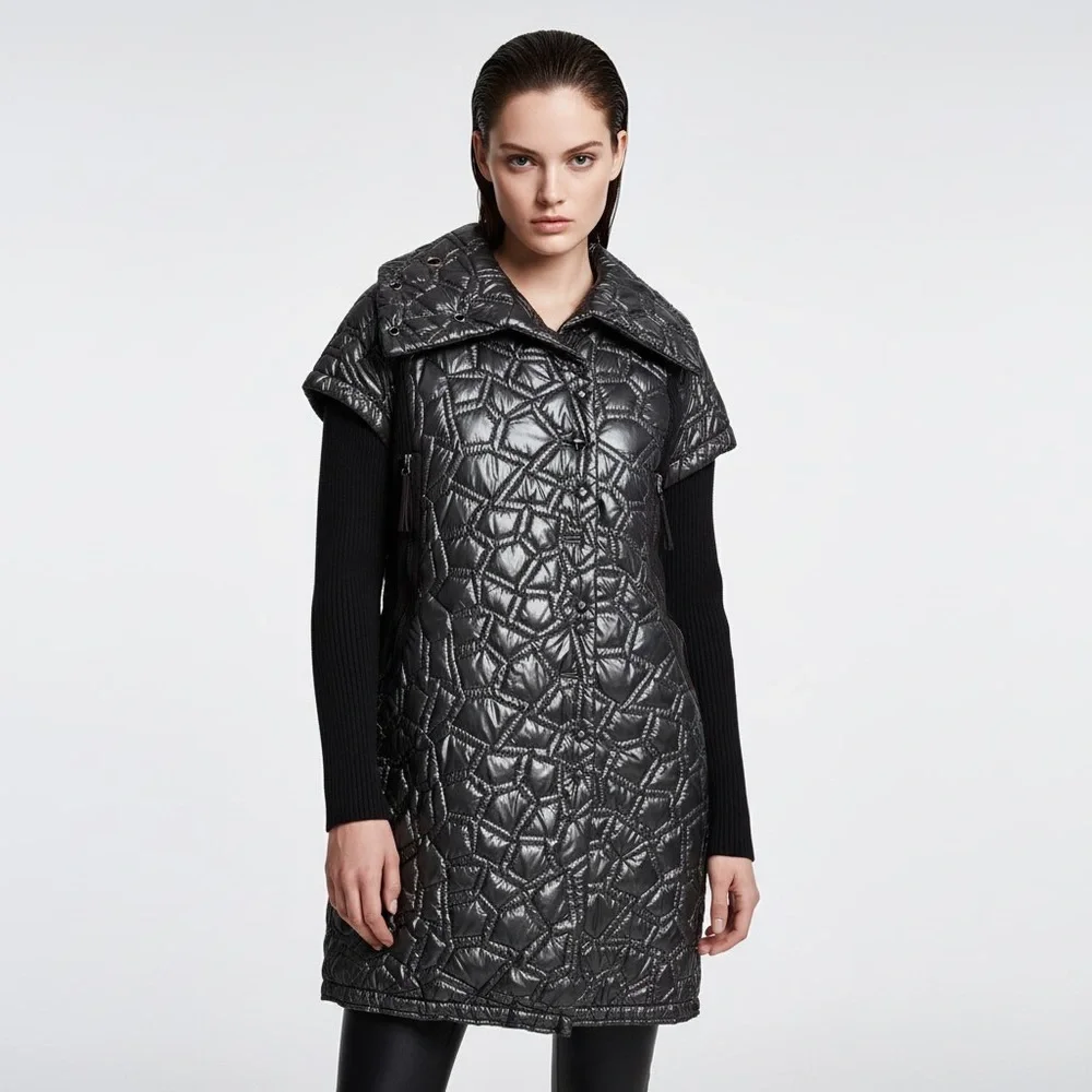 Laflamme Fourrure Gunmetal Quilted Long Coat Jacket Knit Sleeve Size M - Picture 2 of 5